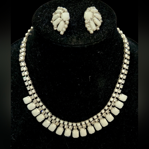 Vintage Kramer of New York White Milk Glass & Crystal Rhinestone Jewelry Set